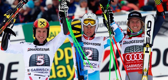 Ti nejlepí z obího slalomu Svtového poháru v Ga-Pa (zleva): druhý Marcel