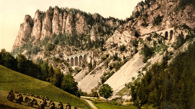Historick pohled na viadukt Krausel-Klause eleznice pes Semmering z let 19001910