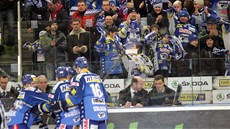 SLAVÍME! Hokejisté i fanouci Komety Brno se radují z gólu bhem utkání s