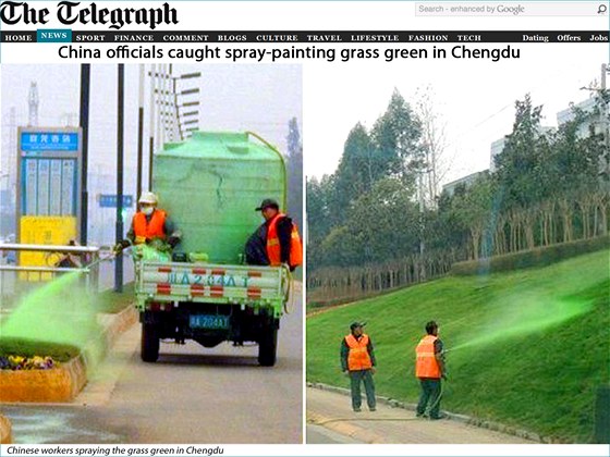 V ínském cheng-tu barví trávníky výraznou zelenou barvou.