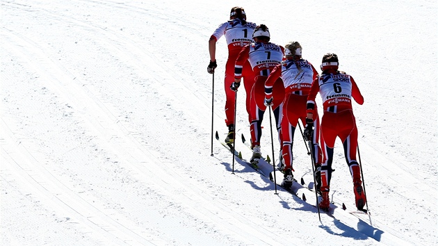 SPOLUPRCE. Ti Norky Bjrgenov, Johaugov a Wengov spolu s Polkou Justynou Kowalczykovou na ele zvodu na 30 km klasicky.