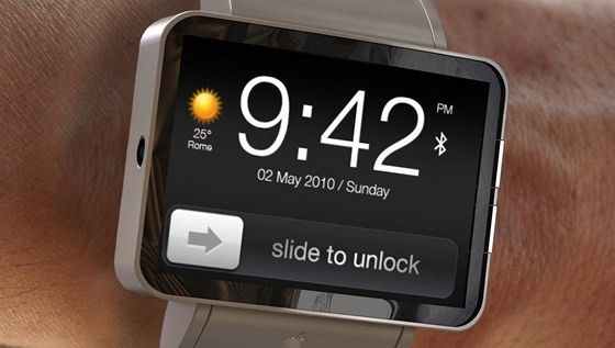 Grafický návrh hodinek spolenosti Apple. Obdobné zaízení vyvíjí také Samsung.