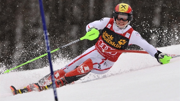 Marcel Hirscher pi slalomu, kter hostila Kranjska Gora. 