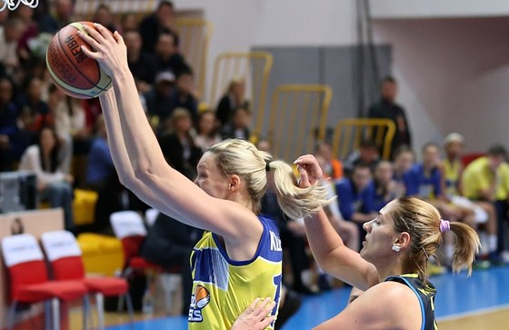 eská basketbalistka Petra Kulichová z Koic sbírá jeden ze svých 13 doskok v