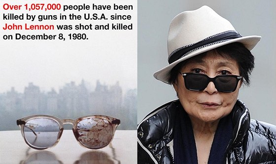 Yoko Ono bojuje proti zbraním také fotkou brýlí Johna Lennona, které ml, kdy