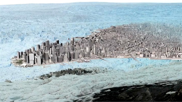 Vizualizace: do odlomen sti ledovce Sermeq Kujalleq je zasazeno panorama Manhattanu, pro pedstavu, jak ob kus ledovce se odlomil.
