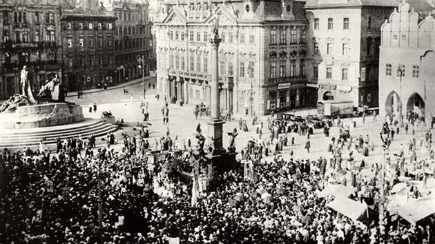 Téměř čtrnáctimetrový sloup nesl dvoumetrovou pozlacenou sochu Panny Marie stojící na přemoženém drakovi. V rozích několikastupňového podstavce byly čtyři sochy andělů.