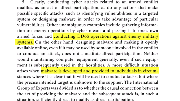 Mezi povolen cle me civilistu zaadit napadn potaovch systm pomoc nap. malware, zranitelnch mst nebo DDoS toku. Samotn vvoj nstroj k napaden neznamen pm zapojen do tok.