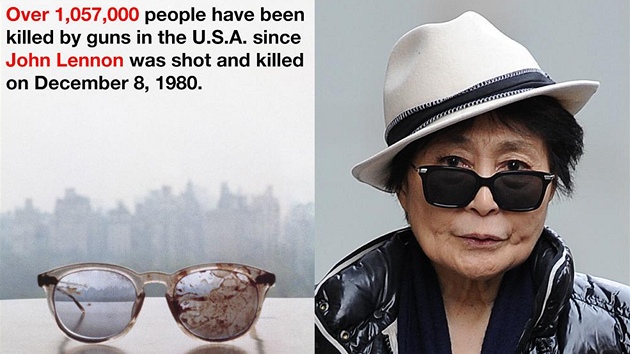 Yoko Ono bojuje proti zbranm tak fotkou brl Johna Lennona, kter ml, kdy ho v prosinci 1980 zastelil Mark Chapman.