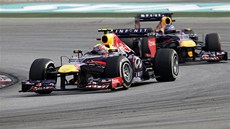 Sebastian Vettel vede ped Markem Webberem ve Velké cen Malajsie.