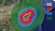 Dolety raket: oranová - 9K52 Luna M, KN-2 Toksa a FL-1, ervená - Hwasong-5,