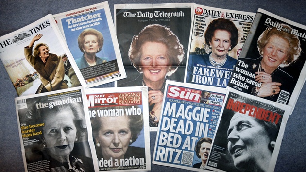 Zprva o smrti Margaret Thatcherov na titulnch stranch britskch list (9. dubna 2013)