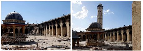 Kombinace dvou snímk, nalevo padlý minaret (24. dubna 2013), vpravo jet