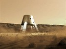 Ilustrace pistání modulu s lidskou posádkou na Marsu