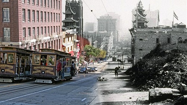 Jedno z turistickch lkadel San Francisca - staik tramvaje na California Street, byly pi zemtesen v roce 1906 znieny sut z padajcch dom.