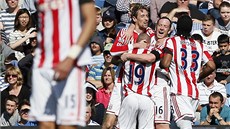 VEDEME! Fotbalisté Stoke City se na stadionu Queens Parku radují z gólu Petera