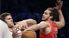 Chicagský centr Joakim Noah (vlevo) se snaí získat mí v souboji s Brookem