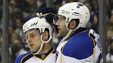 David Backes (vpravo) a Vladimír Sobotka slaví gól St. Louis.