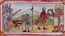 Hernán Cortés při setkání s Aztéky. Ilustrace z Aubinského kodexu z roku 1565. Hernán Cortés při setkání s Aztéky. Ilustrace z Aubinského kodexu z roku 1565.