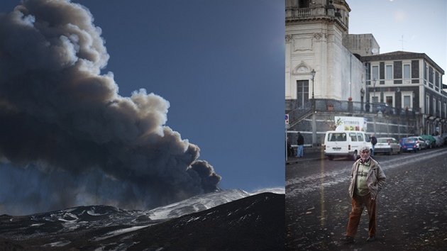 Po kad silnj nkolikaminutov erupci se msto Zafferana pokrylo sopenm prachem.