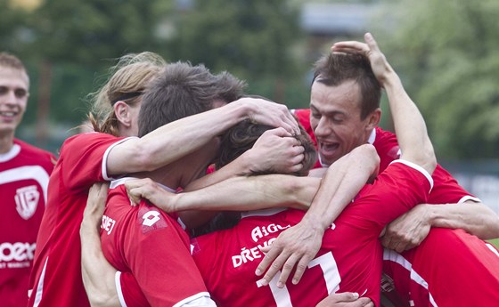 Takto se radovali pardubití fotbalisté v prestiním derby proti Hradci Králové, ve kterém remizovali 2:2. V dalím zápase Pardubití opt remizovali, tentokrát 1:1 s Frýdkem-Místkem.