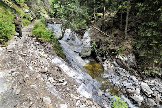 Správa parku zala s opravami cest. Na snímku je poniená stezka v Tsném dole, kudy se hnal rozvodnný ernohorský potok.