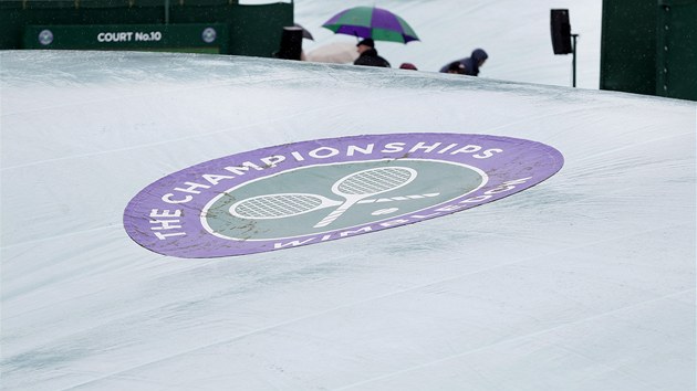 DɊ. V ptek ve Wimbledonu prelo, kurty byly pikryt plachtami.