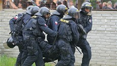 Policisté odnáejí zranného kolegu (29. ervna 2013).
