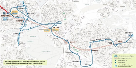 Mapka nhradn autobusov dopravy za vluku metra mezi stanicemi Budjovick a