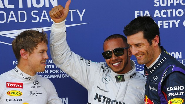 Ti nejlep kvalifikace Velk ceny Nmecka formule 1. Zleva: Sebastian Vettlel, vtz Lewis Hamilton a Mark Webber.