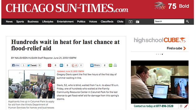 Fronta na pomoc postienm povodnmi z mobilnho telefonu reportra Sun-Times