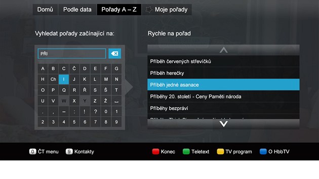 Prohledvn iVysln podle abecedy v nabdce HbbTV od esk televize