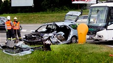 Nehoda autobusu a osobního auta v Herpické ulici v Brn.