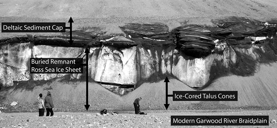 Fotografie ukazuje sedimenty, zbytky ledu z Rossova moe a výsledky eroze.