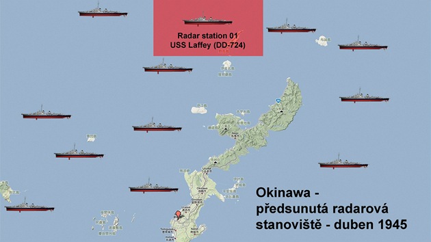 Mapa radarovch hldek u Okinawy.