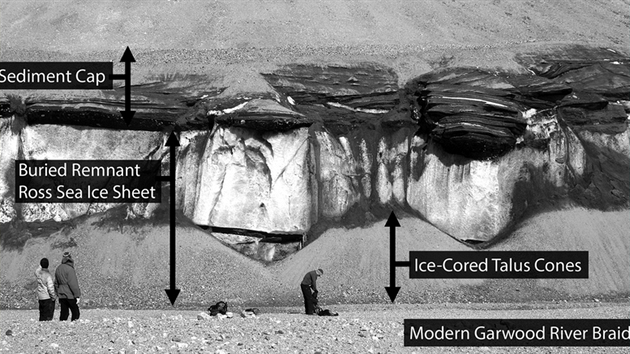 Fotografie ukazuje sedimenty, zbytky ledu z Rossova moe a vsledky eroze.