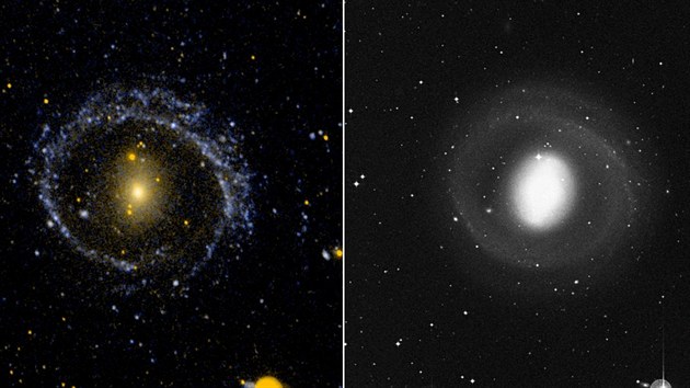 Ultrafialov obraz pozen druic GALEX (vlevo) a optick snmek (vpravo) galaxie NGC 1291