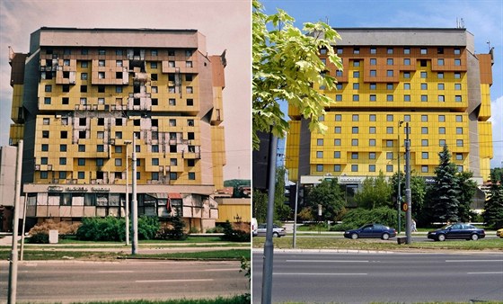 Hranatý hotel Holiday Inn s pestrobarevnou fasádou se bhem obanské války v...