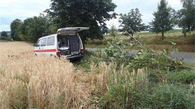 ofr pejel s vozem do protismru, pot se dostal na lev okraj vozovky a do pkopu, kde pelomil listnat strom a s dodvkou skonil na okraji pole. 
