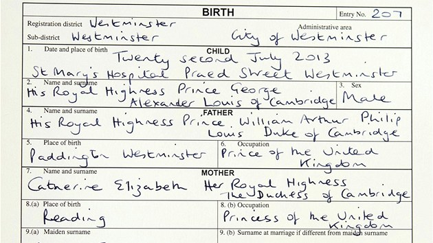 Rodn list prince George z Cambridge