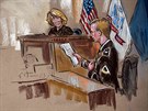 Kresba ze soudn sn ve Fort Meade zachycuje vojna Manninga, jak te omluvu...