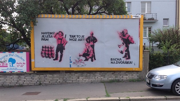 Propagace hudebnho festivalu Dvokova Praha je formou netradinch pz slavnch skladatel formou graffiti na zdech a billboardech clen pedevm na mlad lidi