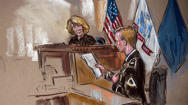 Kresba ze soudn sn ve Fort Meade zachycuje vojna Manninga, jak te omluvu za vyzrazen tajnch dokument WikiLeaks (14. srpna 2013).