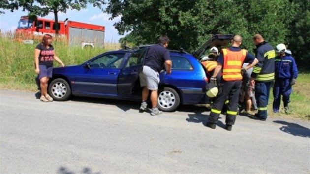 Odchyt ptrosa u Petvaldu. Hasii nakldaj spoutanho ptka majiteli do kufru auta. (11. srpna 2013)