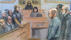 Kresba z procesu s Jamesem Bulgerem, gangster první zprava (12. srpna 2013)