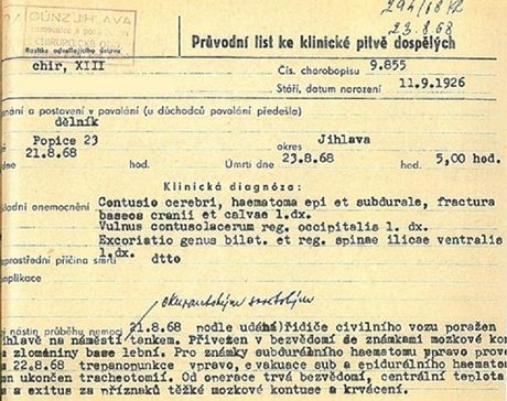 Pitevní zpráva mue, kterého 21. srpna roku 1968 na jihlavském námstí srazil