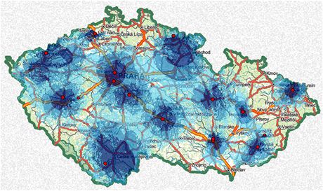 Mapa pokrytí signálem regionální sít 7. Data jsou od eského telekomunikaního úadu, stav je k 1. srpnu letoního roku.