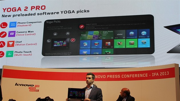 IdeaPad Yoga 2 Pro je vybavena tak speciln funkc "Yoga Picks", kter navrhuje v zvislosti na reimu pstroje vhodn aplikace. Navc je IdeaPad Yoga 2 Pro dodvn s aplikacemi vytvoenmi speciln pro jeho tyi reimy. V reimu notebooku umouje Phone Companion koprovat obsah z dokument nebo webovch strnek a odeslat informace do telefon v textov zprv. Yoga Photo Touch umouje v reimu tabletu upravit fotografie pomoc pohyb prst na 10bodovm multidotykovm displeji. Yoga Camera Man vytvoen pro reim stojanu poizuje fotky s efekty. Yoga Chef v reimu stanu zase usnaduje listovn recepty v aplikacch pro vaen.