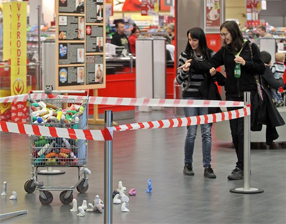 V nákupním centru ped supermarketem výstava vzbuzuje rozporuplné reakce lidí. 