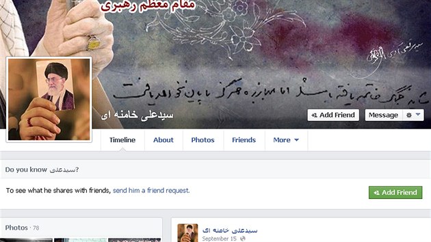 Duchovn vdce rnu Sajjid Al Chamene m svou oficiln strnku na Facebooku. Spravuj ji "lid jemu blzc".